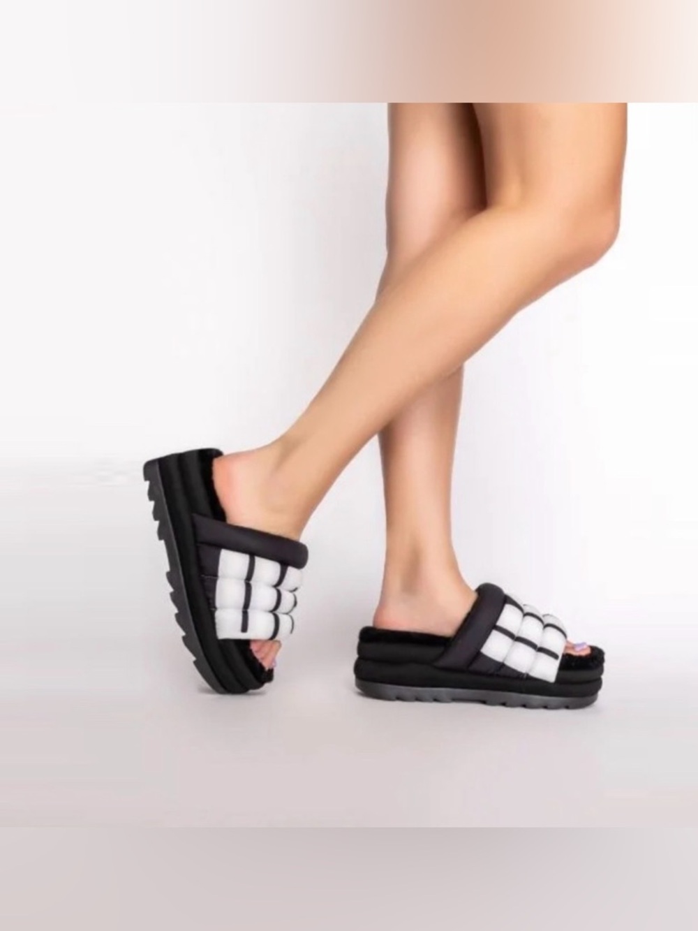 UGG Black and White Quilted Platform Slides